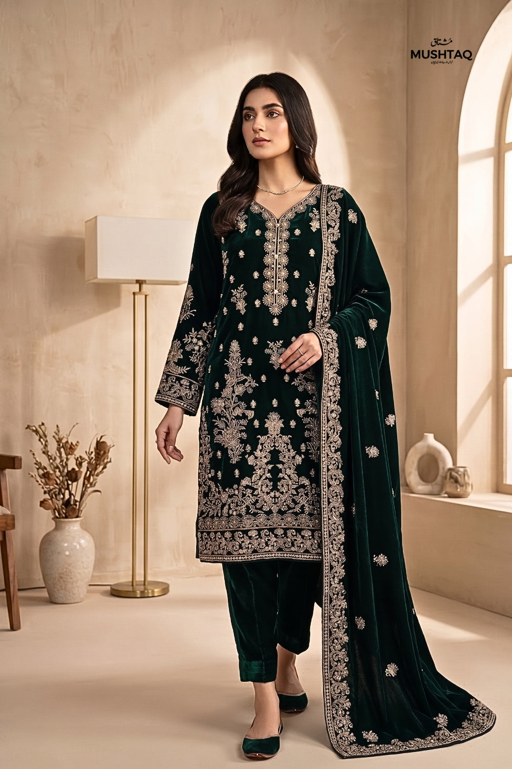 Mushtaq 3Pcs Unstitched Velvet Fancy suit Desgin - 5