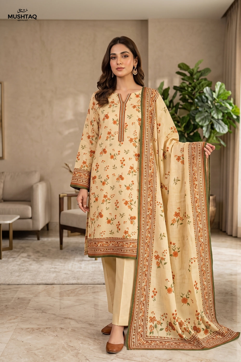 Mushtaq 3Pcs Unstitched Printed Slub Linen Aiza Collection Desgin - 5