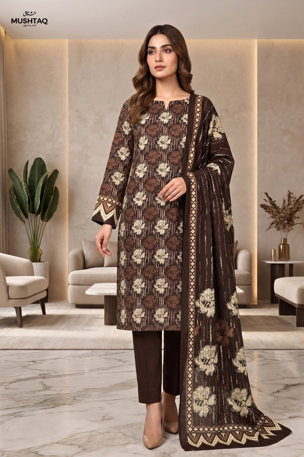 Mushtaq 3Pcs Unstitched Printed Doriya Linen Arisha Collection Desgin - 5