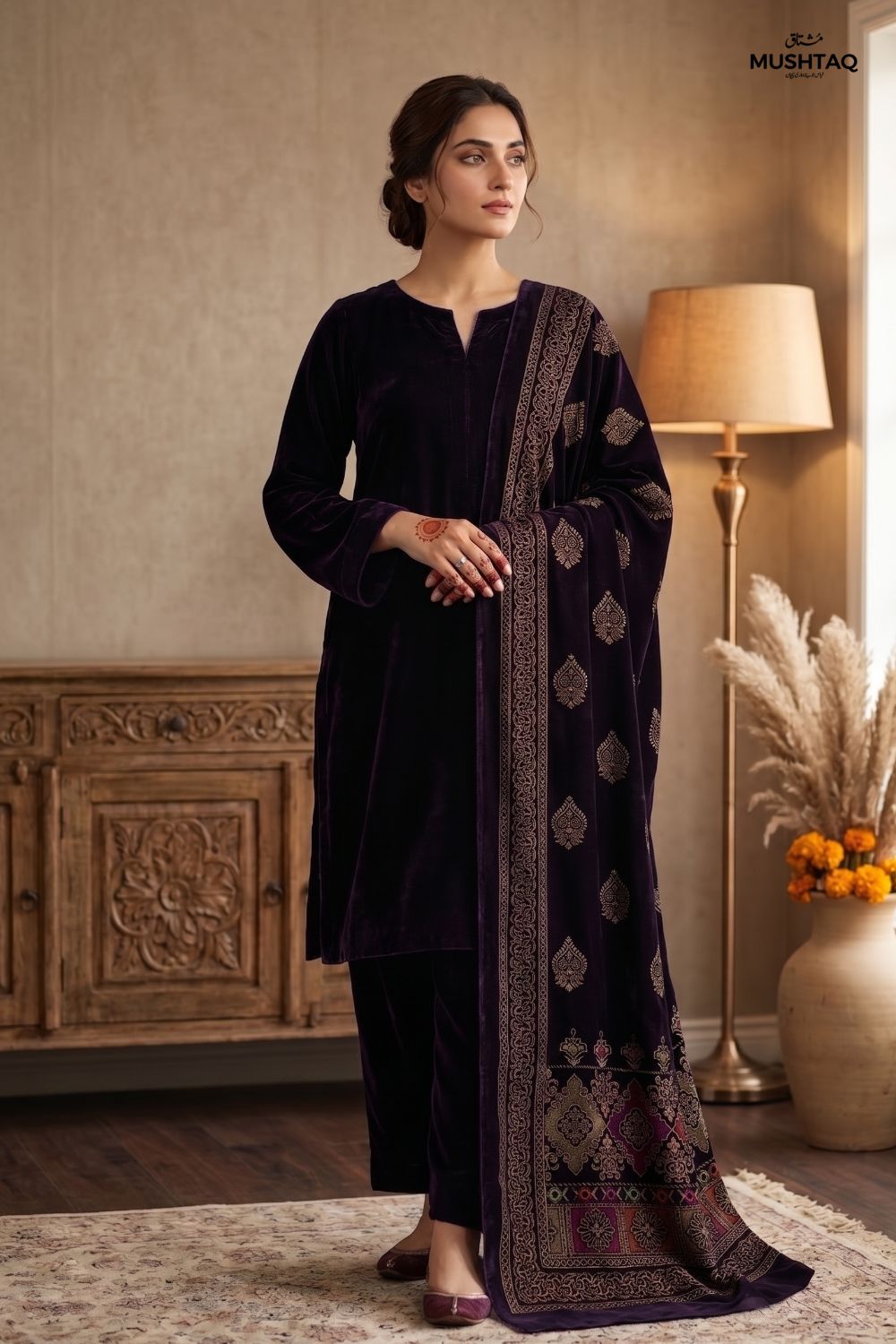 Mushtaq 3Pcs Unstitched Velvet Plain suit Printed Shawl Desgin - 4