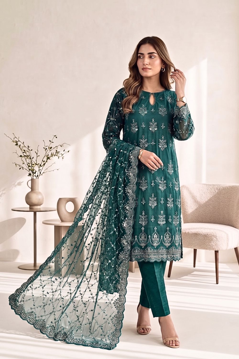 Mushtaq 3Pcs Unstitched Net Suit with Moti work Jasmine Party Wear Collection Desgin - 5