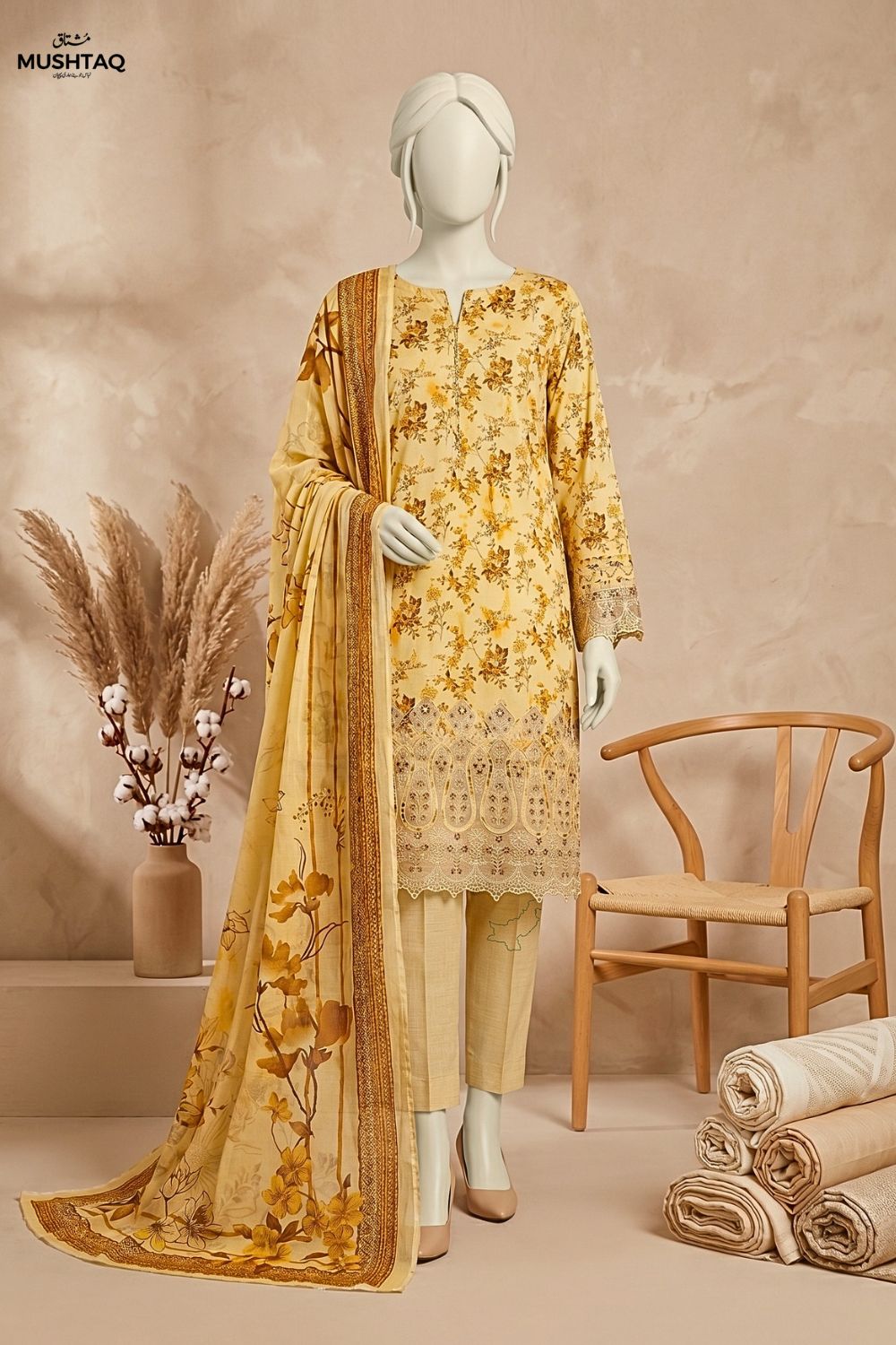 Mushtaq Dastaan Collection 3Pcs Unstitched Embroidered Lawn Suit with Chiffon Dupatta Desgin - 1