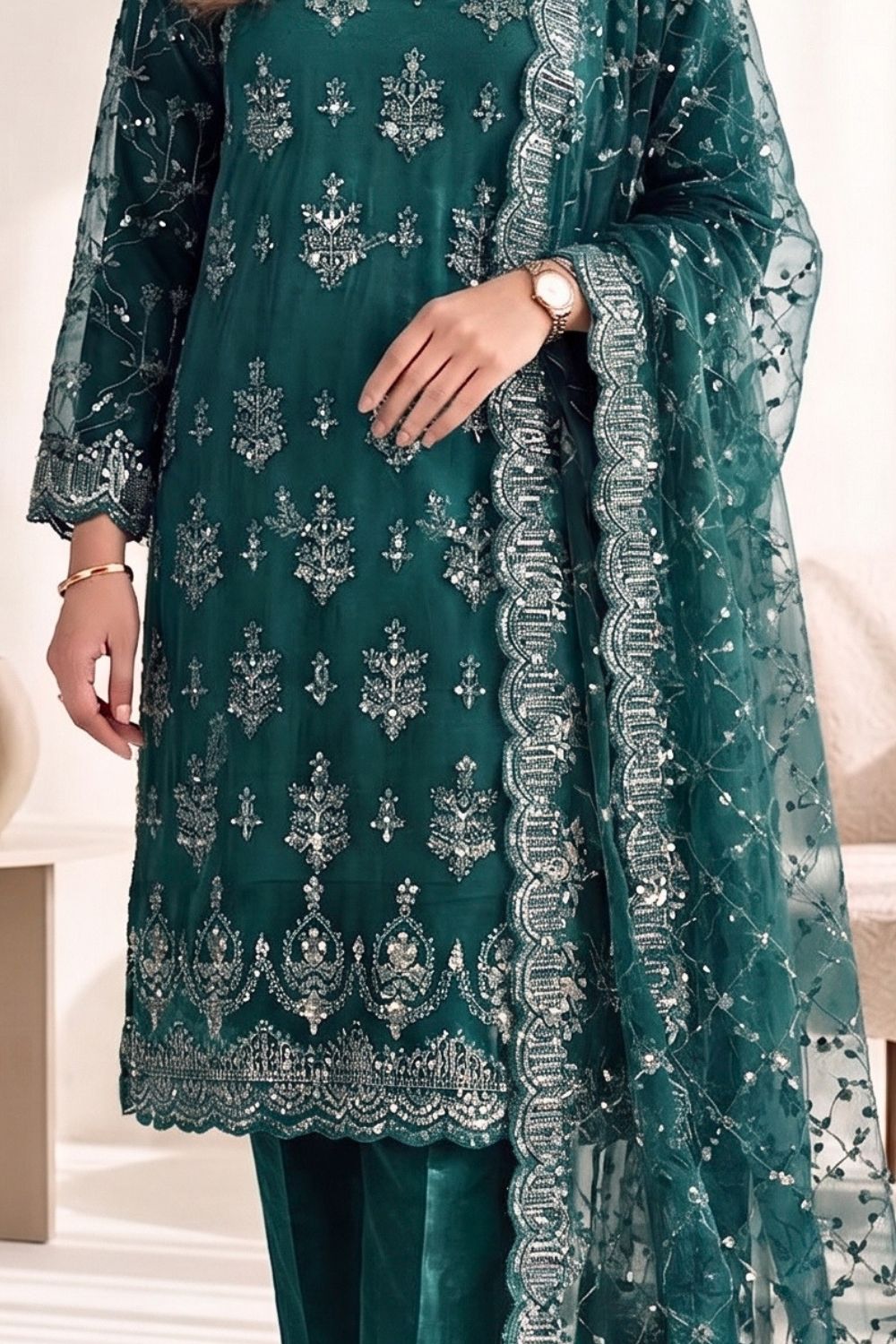 Mushtaq 3Pcs Unstitched Net Suit with Moti work Jasmine Party Wear Collection Desgin - 5