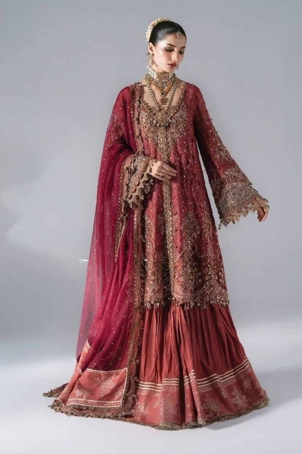 Maria B Mbroidered Unstitched Wedding Edition 3 Piece Unstitched Embroidered Organza Suit Deep Salmon pink