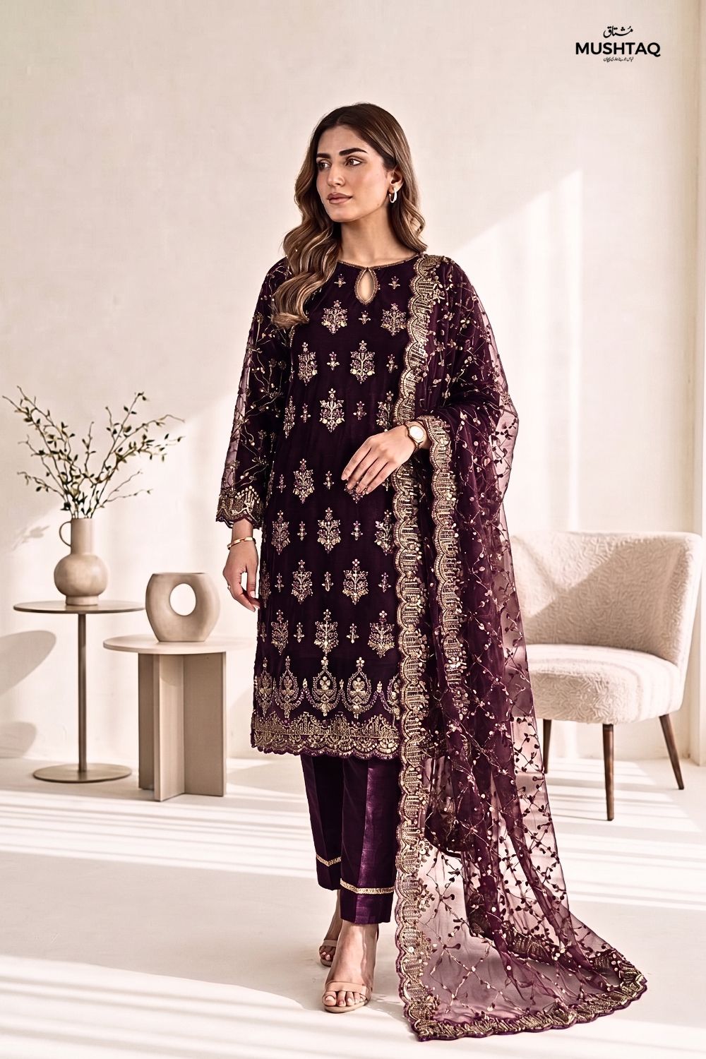 Mushtaq 3Pcs Unstitched Net Suit with Moti work Jasmine Party Wear Collection Desgin - 6