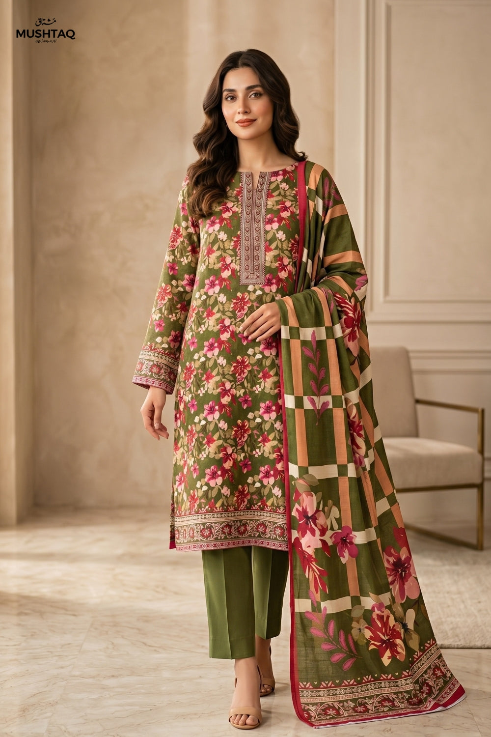Mushtaq 3Pcs Unstitched Printed Slub Linen Aiza Collection Desgin - 6