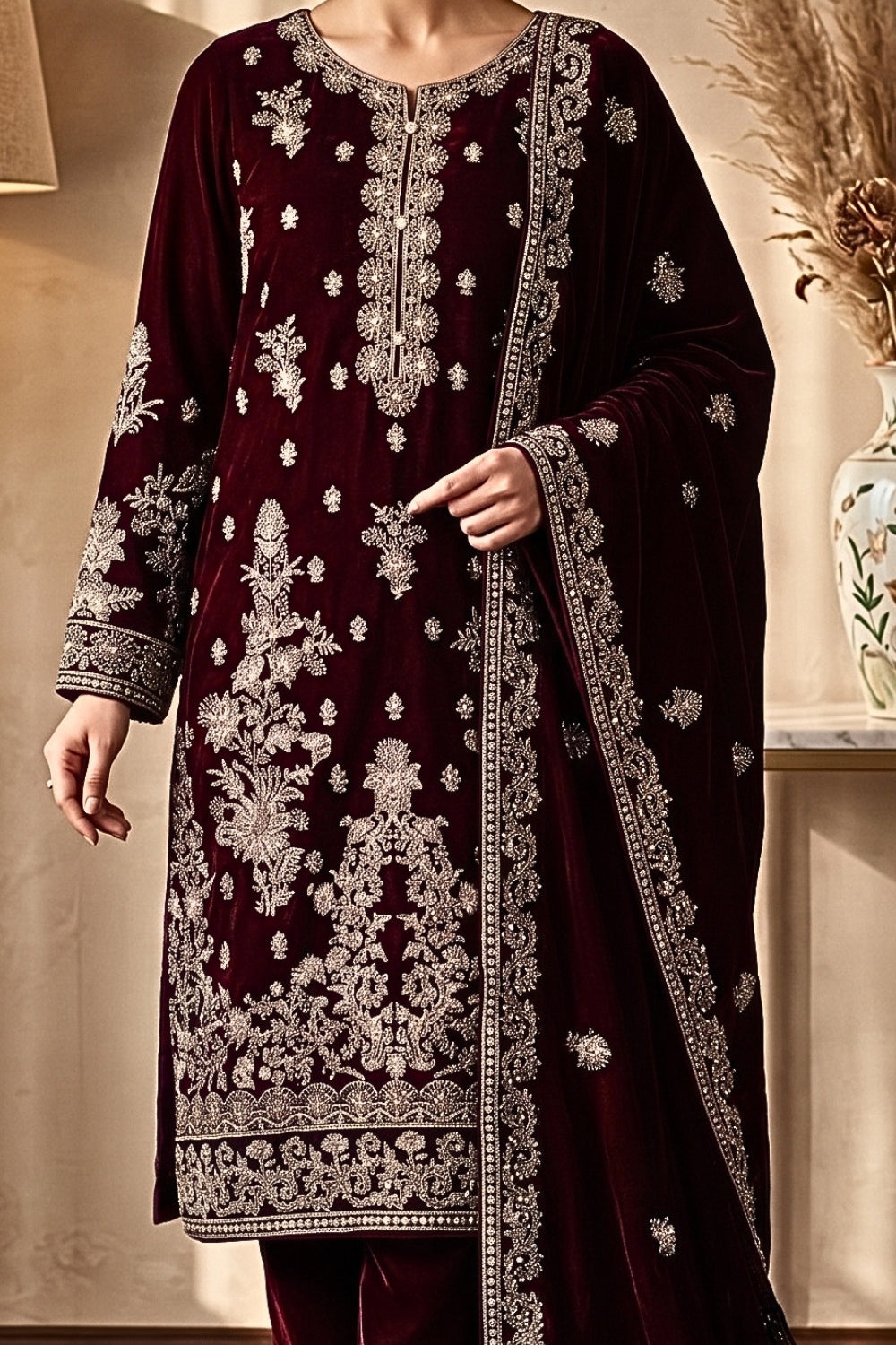 Mushtaq 3Pcs Unstitched Velvet Fancy suit Desgin - 6