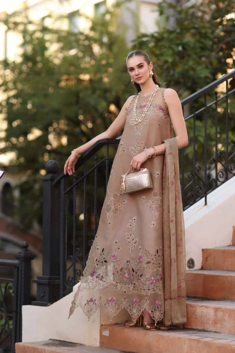 Noor By Saadia Asad Embroidered Lawn Suits Unstitched 3 Piece Luxury Collection D5 - B - Warm Biscotti