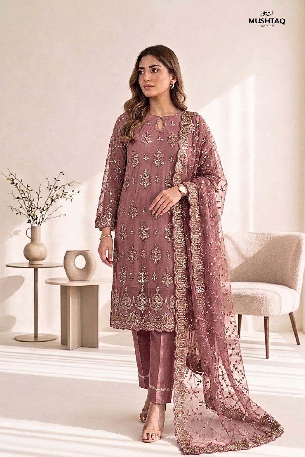 Mushtaq 3Pcs Unstitched Net Suit with Moti work Jasmine Party Wear Collection Desgin - 7