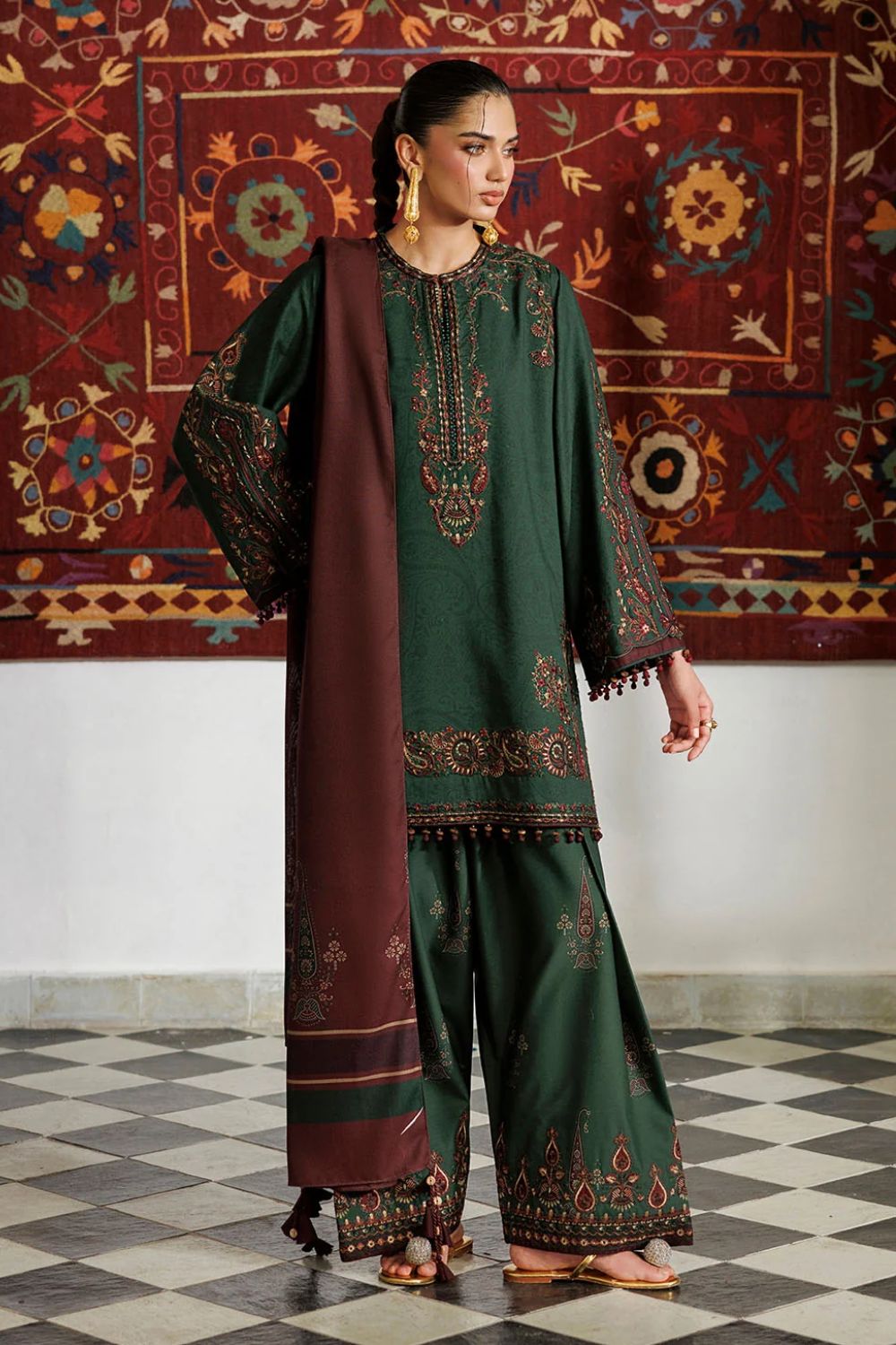 Iznik 3Pc Unstitched Embroidered Printed Viscose Linen Suit IPF-32
