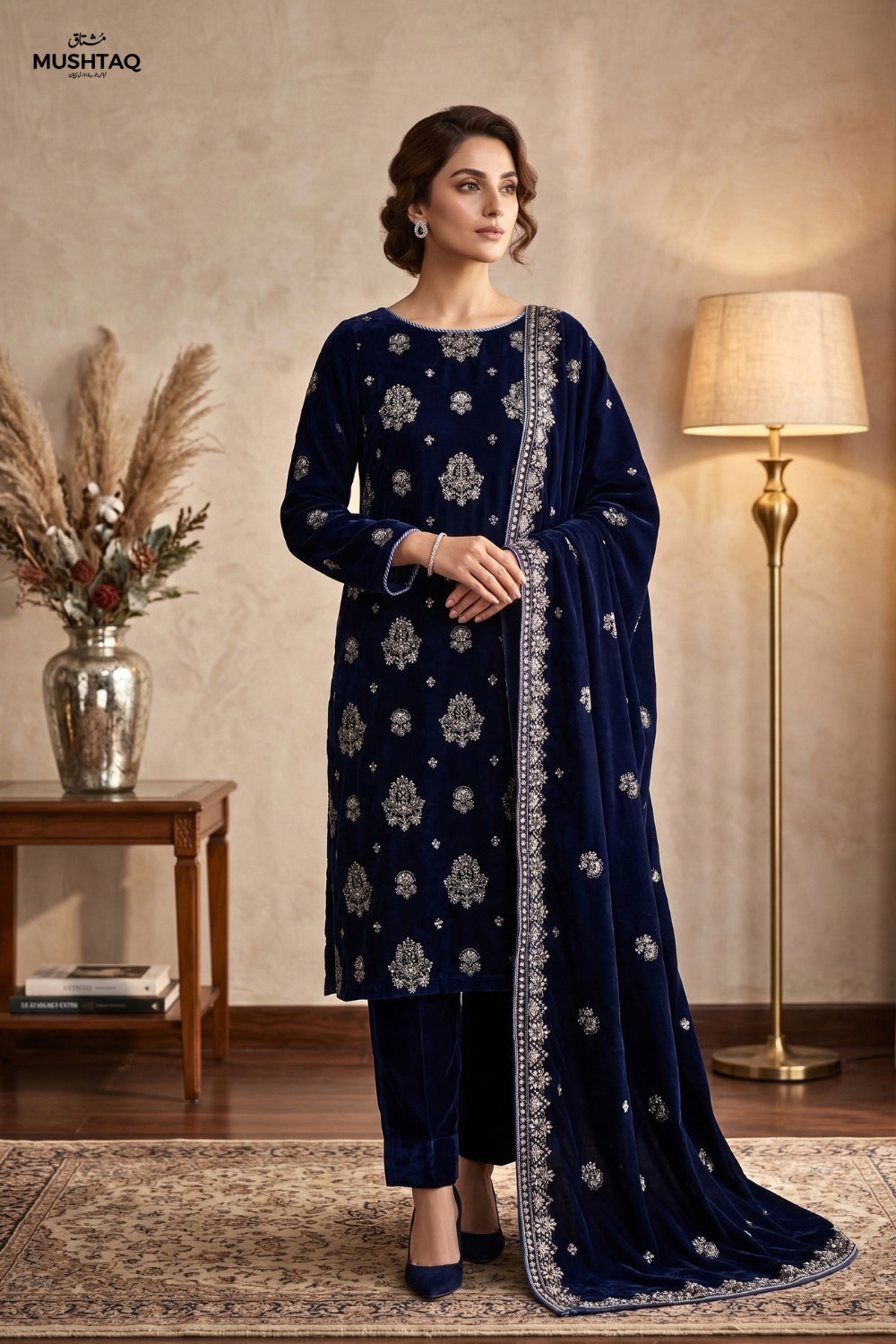 Mushtaq 3Pcs Unstitched Carman Velvet Fancy suit Desgin - 1
