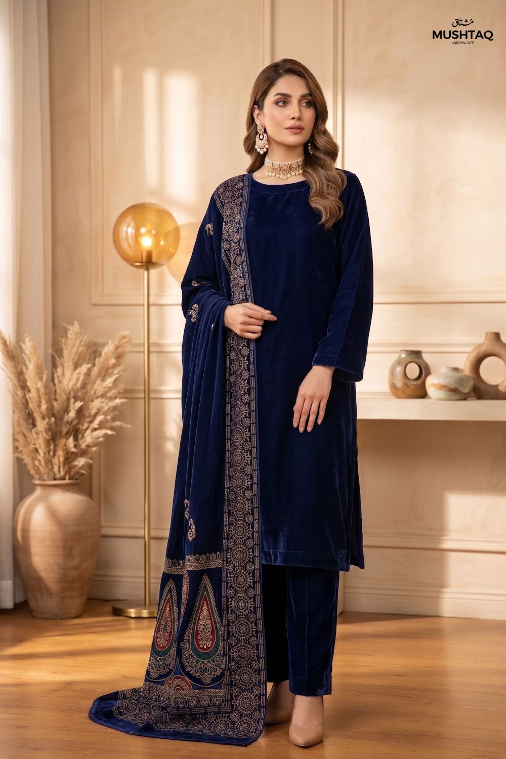 Mushtaq 3Pcs Unstitched Velvet Plain suit Printed Shawl Desgin - 1