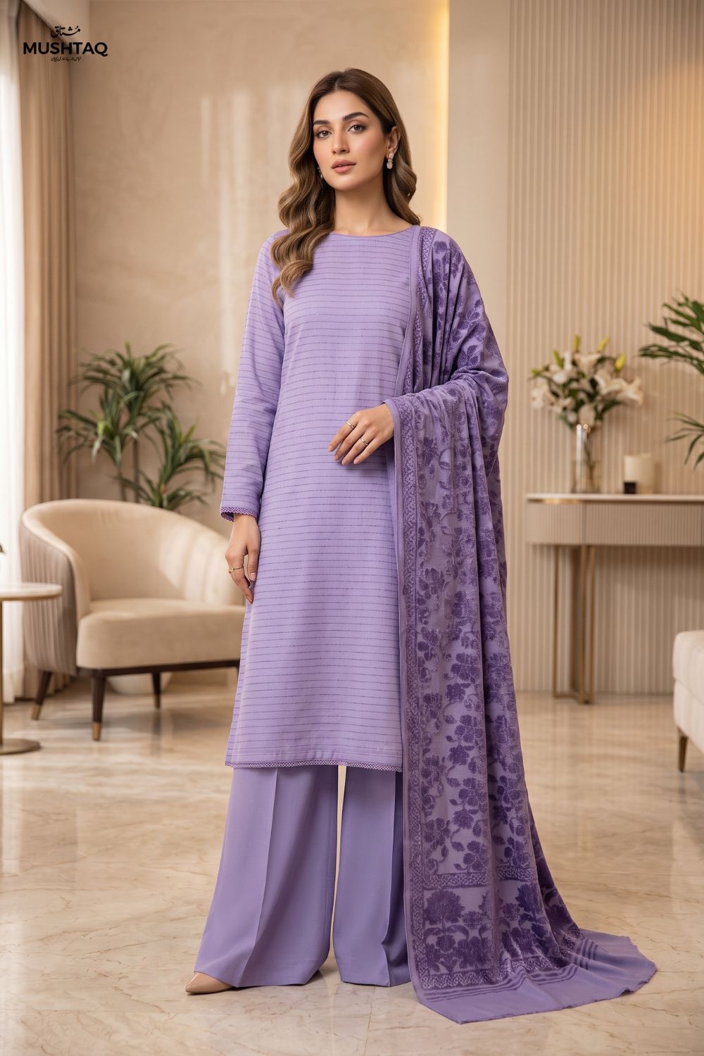 Mushtaq 3Pcs Unstitched Marina suit with Wool Shawl Ayzel Collection Desin -1
