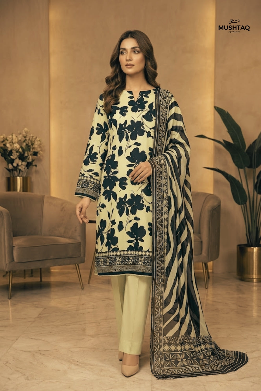 Mushtaq 3Pcs Unstitched Printed Viscouse Linen Suit with chiffon duppata Noor-e-Aroos Collection Desgin - 1