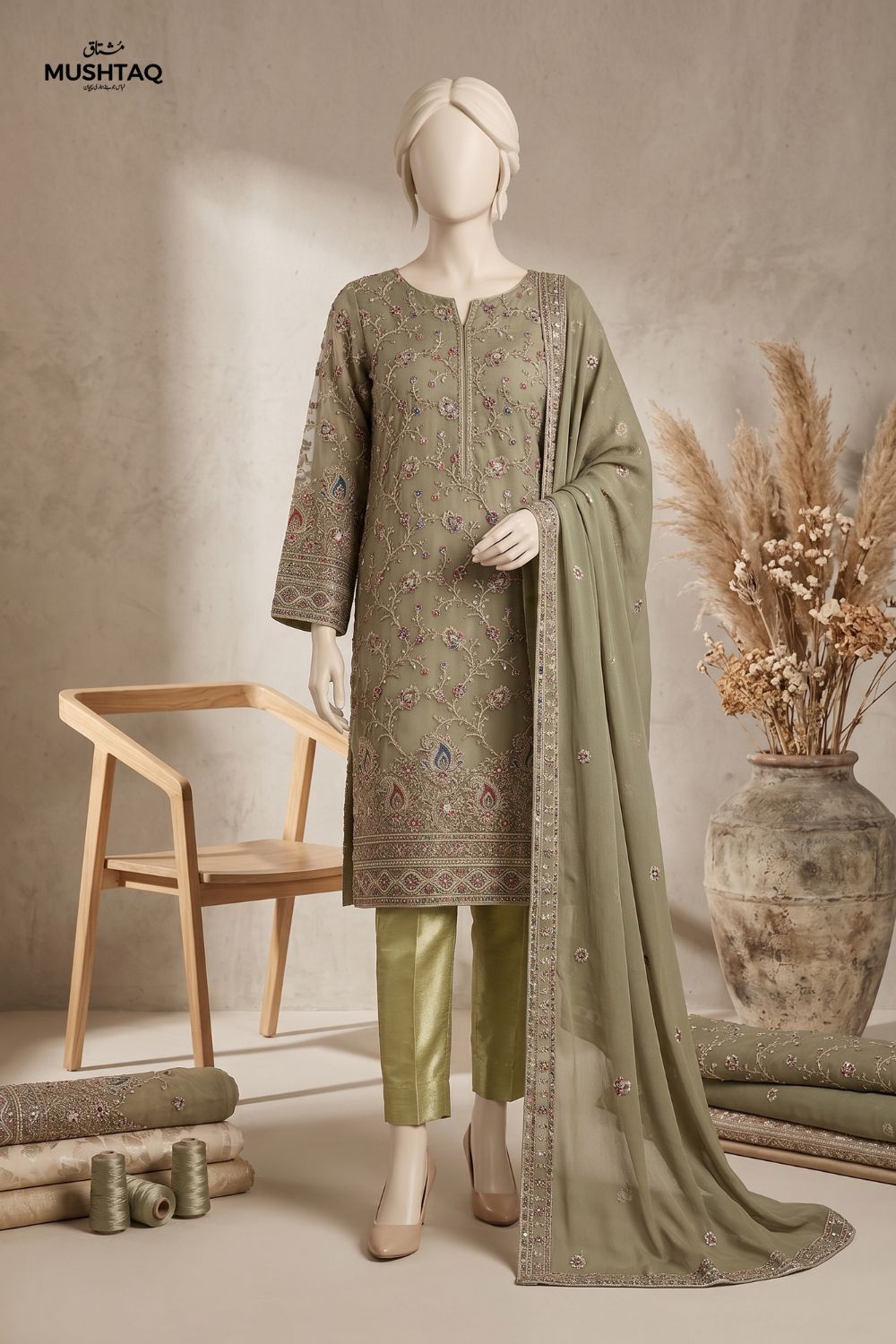 3Pcs Unstitched Embroidered Organza Suit Chiffon Dupatta and jamawar Trouser Desgin - 02