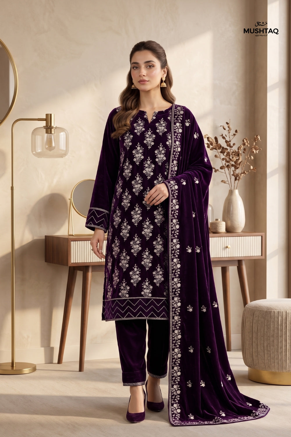 Mushtaq 3Pcs Unstitched Velvet Fancy suit Desgin - 10