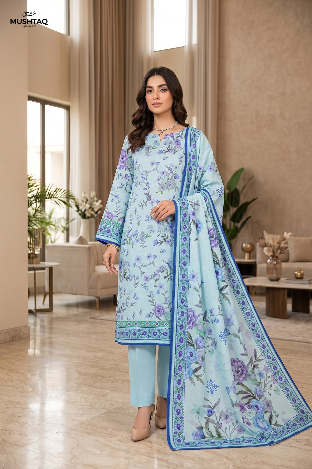 Mushtaq 3Pcs Unstitched Printed Slub Linen Aiza Collection Desgin - 1