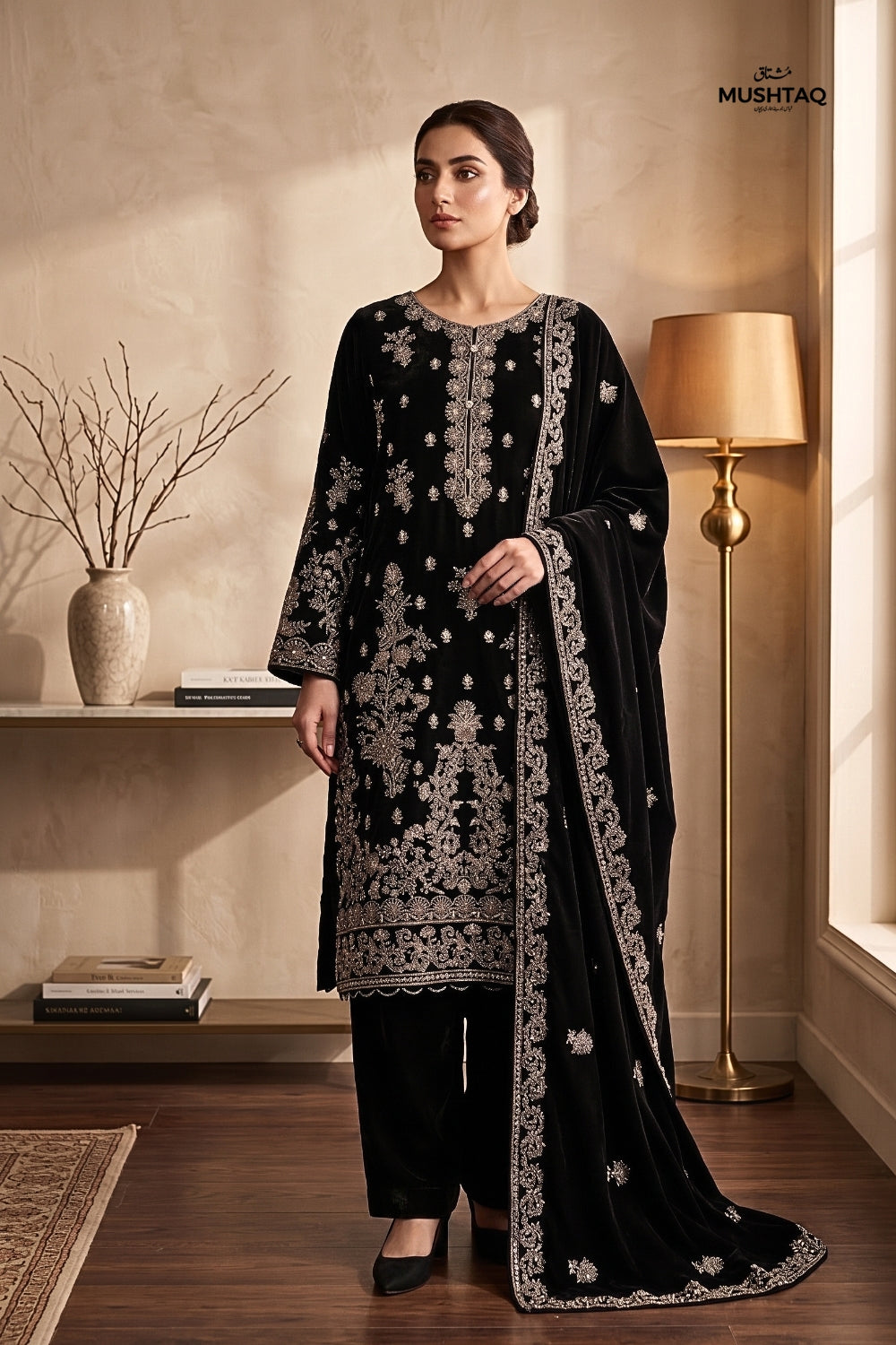 Mushtaq 3Pcs Unstitched Velvet Fancy suit Desgin - 1