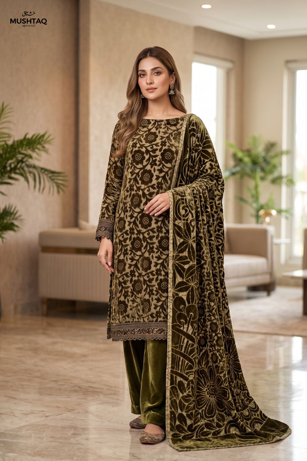 3Pcs Unstitched Printed Plachi Stuff with Shaneel velvet trouser Desgin - 1