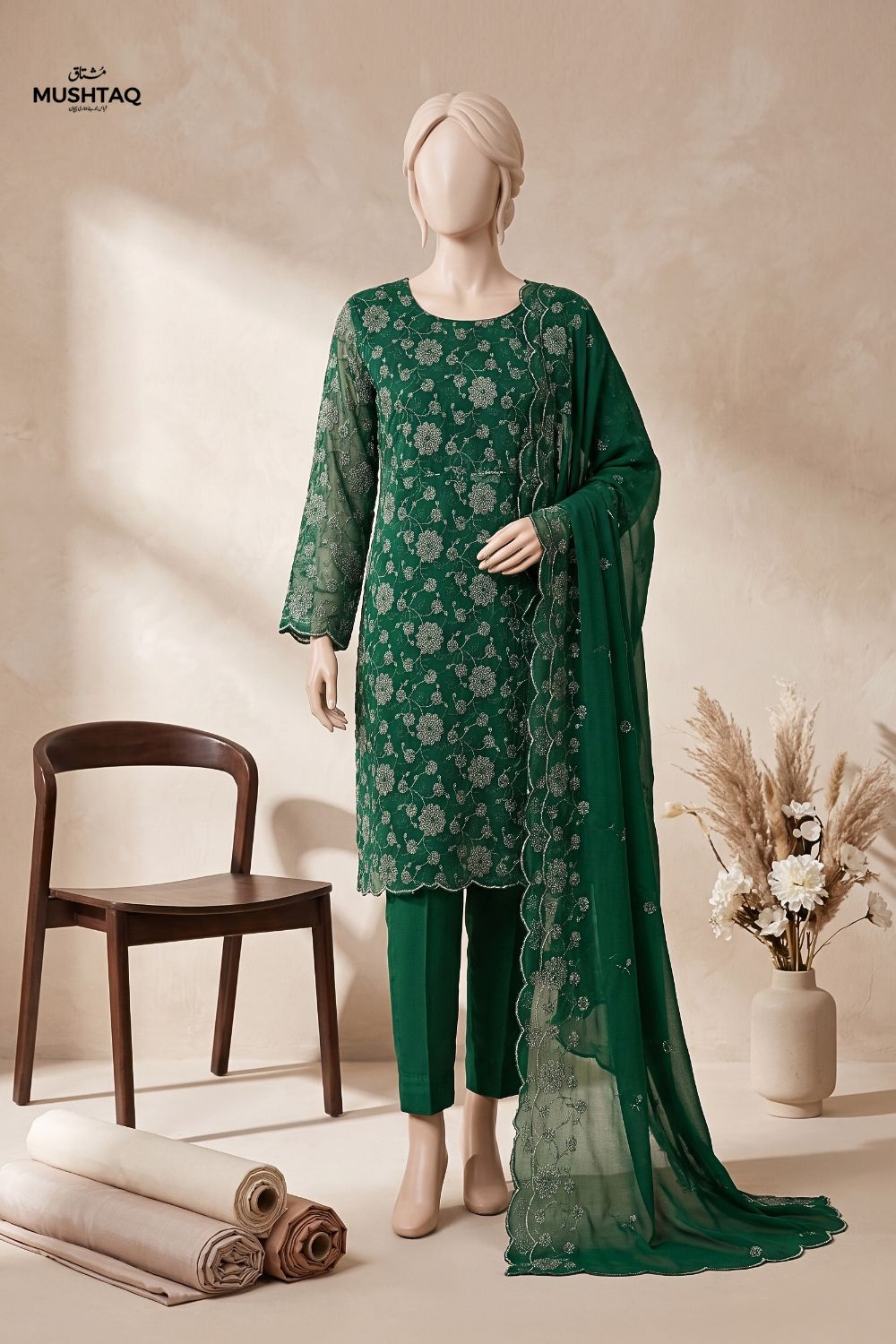 3Pcs Unstitched Embroidered Chiffon Zarmeen Collection Desgin - 01