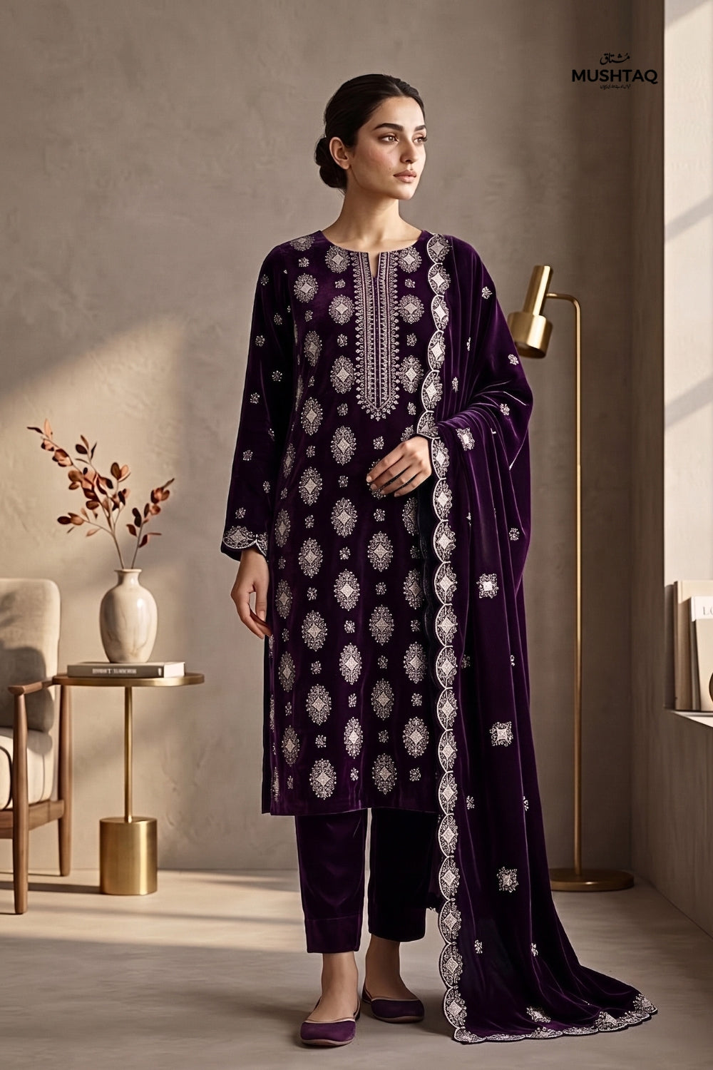 Mushtaq 3Pcs Unstitched Velvet Plain suit Desgin - 1