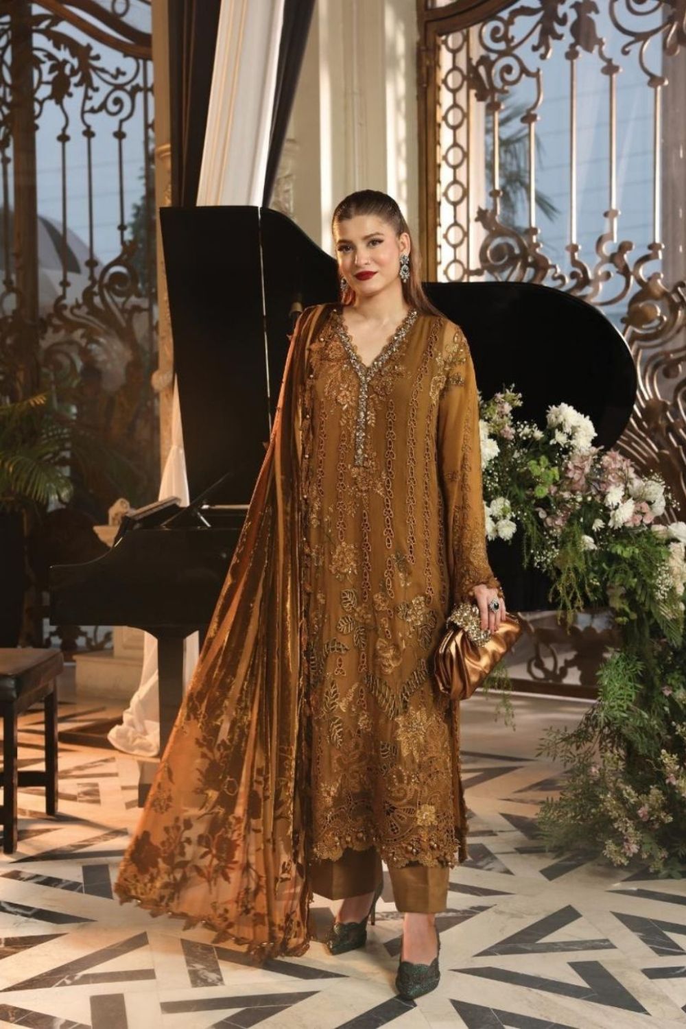 Maria B Royale Tea Affair 3 Piece Unstitched Embroidered Luxury Chiffon Suit MPC-26-205-Mustard