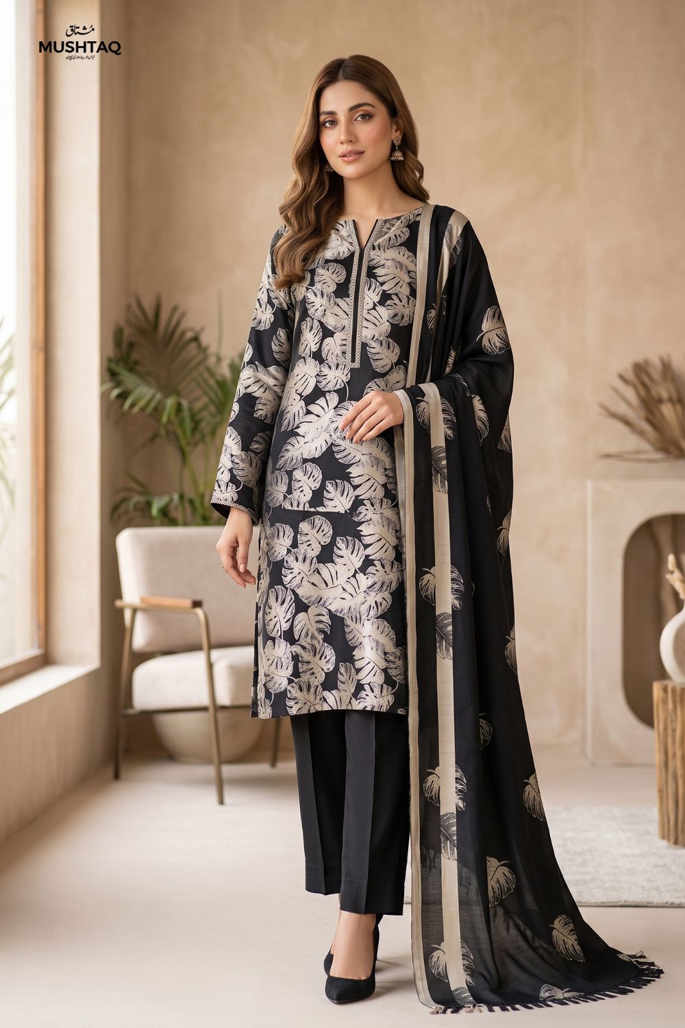3Pcs Unstitched Printed China Patti With Wool Shawl Desgin - 1