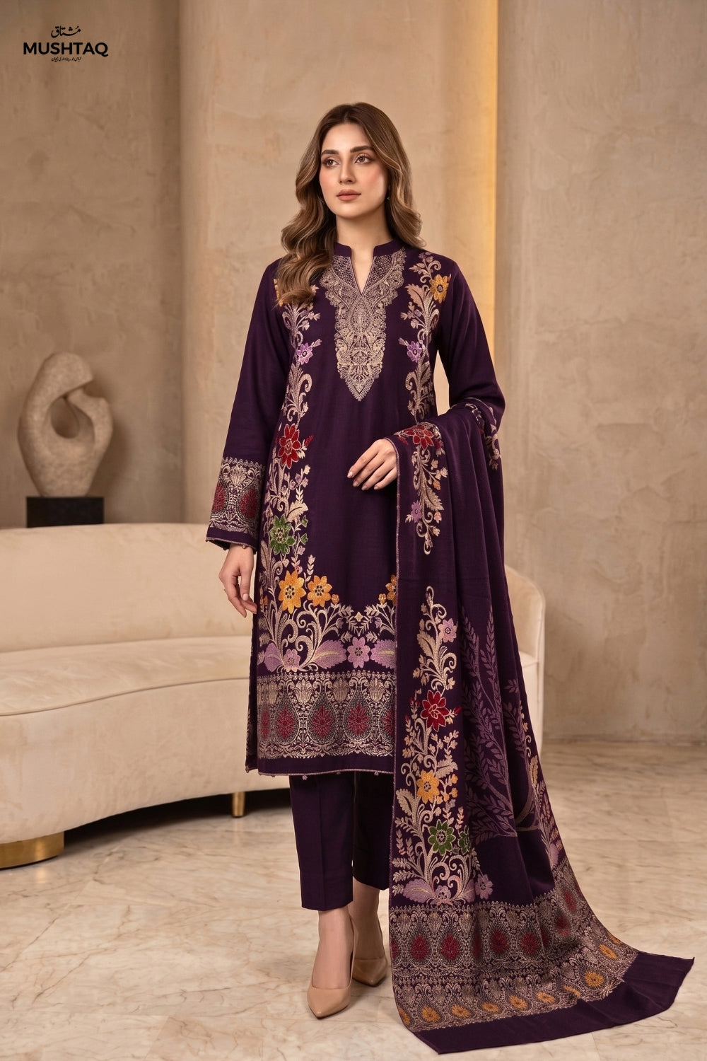 Mushtaq 3Pcs Unstitched Pashmina Jacquard Collection Desgin - 1