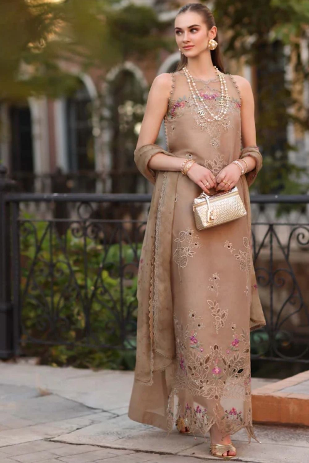 Noor By Saadia Asad Embroidered Lawn Suits Unstitched 3 Piece Luxury Collection D5 - B - Warm Biscotti