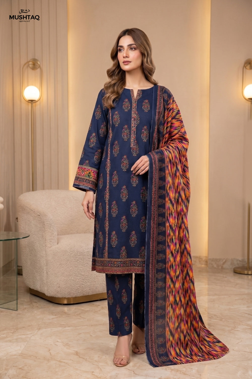Mushtaq 3Pcs Unstitched Printed Khaddar Zariya Collection Desgin - 8