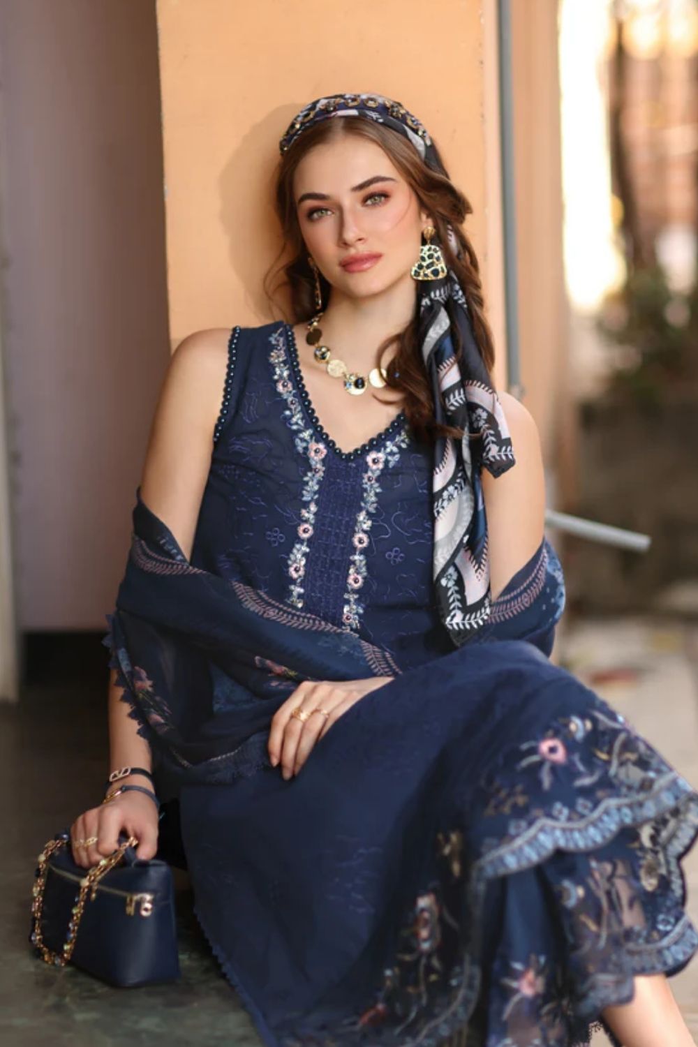 Noor By Saadia Asad Embroidered Lawn Suits Unstitched 3 Piece Luxury Collection D6 - A - Imperial Blue