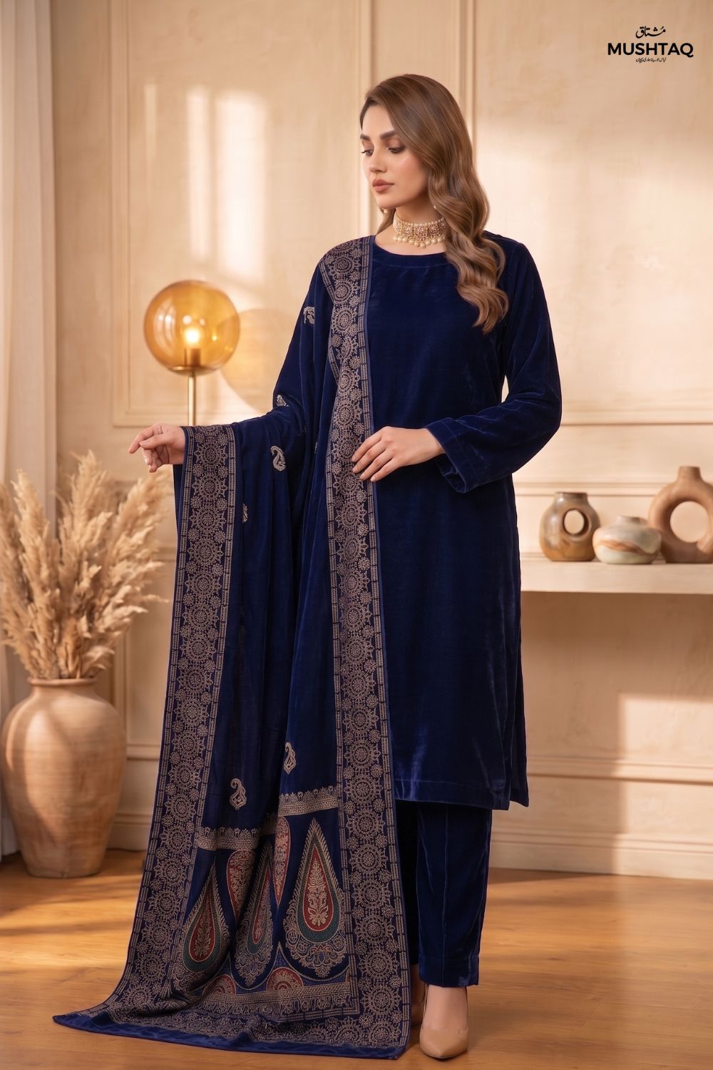 Mushtaq 3Pcs Unstitched Velvet Plain suit Printed Shawl Desgin - 1