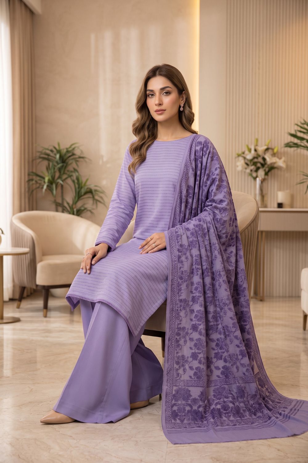 Mushtaq 3Pcs Unstitched Marina suit with Wool Shawl Ayzel Collection Desin -1