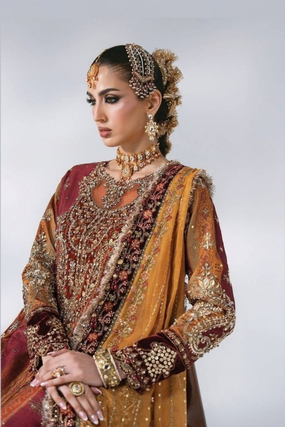 Maria B Mbroidered Unstitched Wedding Edition 3 Piece Unstitched Embroidered Raw Silk Suit Maroon Crimson