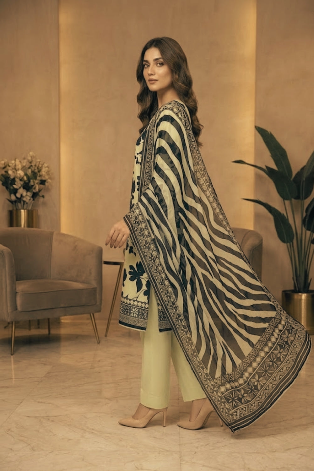 Mushtaq 3Pcs Unstitched Printed Viscouse Linen Suit with chiffon duppata Noor-e-Aroos Collection Desgin - 1
