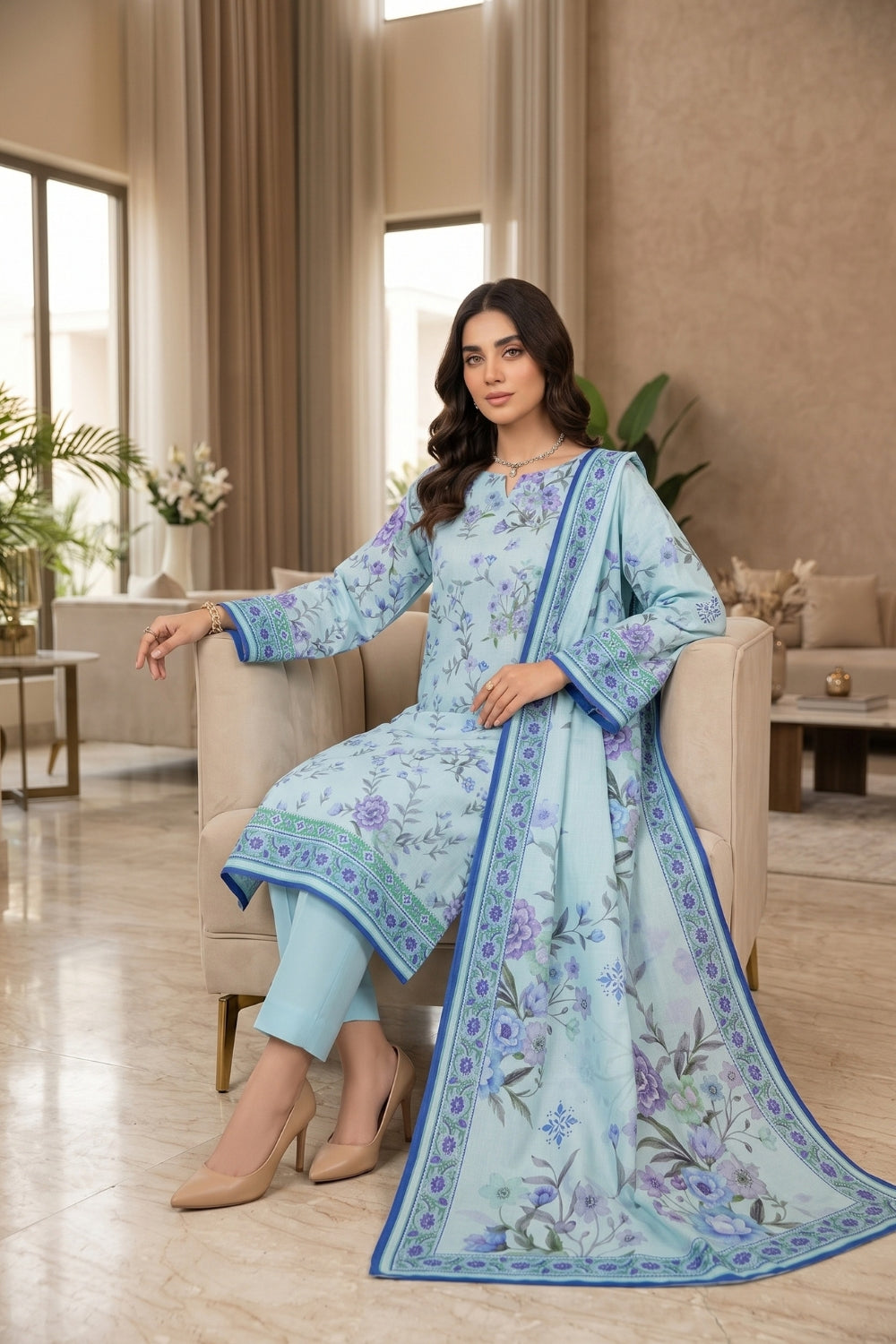 Mushtaq 3Pcs Unstitched Printed Slub Linen Aiza Collection Desgin - 1