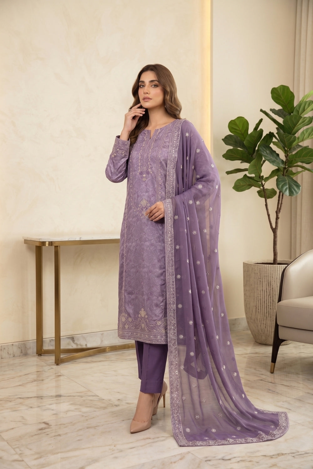 Mushtaq 3Pcs Unstitched China Pqati Suit with chiffon duppata Sophia Collection Desgin - 1