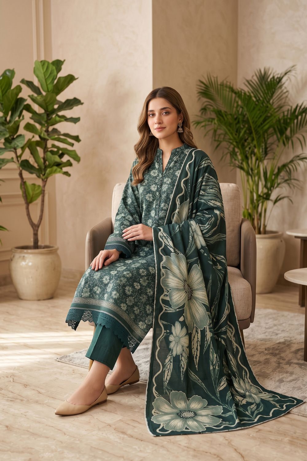 Mushtaq 3Pcs Unstitched Printed Khaddar Dilara Collection Desgin - 1