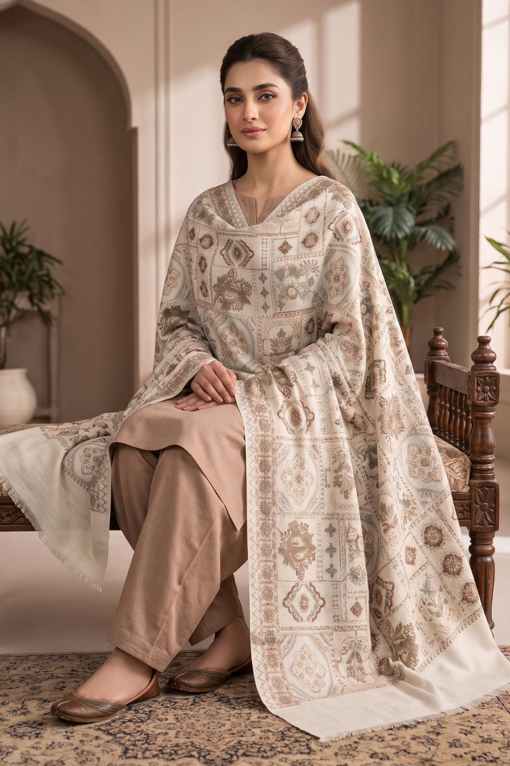 3Pcs Unstitched Pashima Suit With Embroidered Shawl Desgin - 1