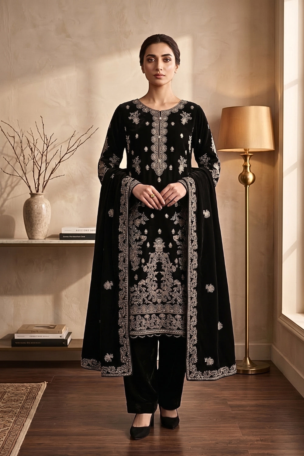Mushtaq 3Pcs Unstitched Velvet Fancy suit Desgin - 1