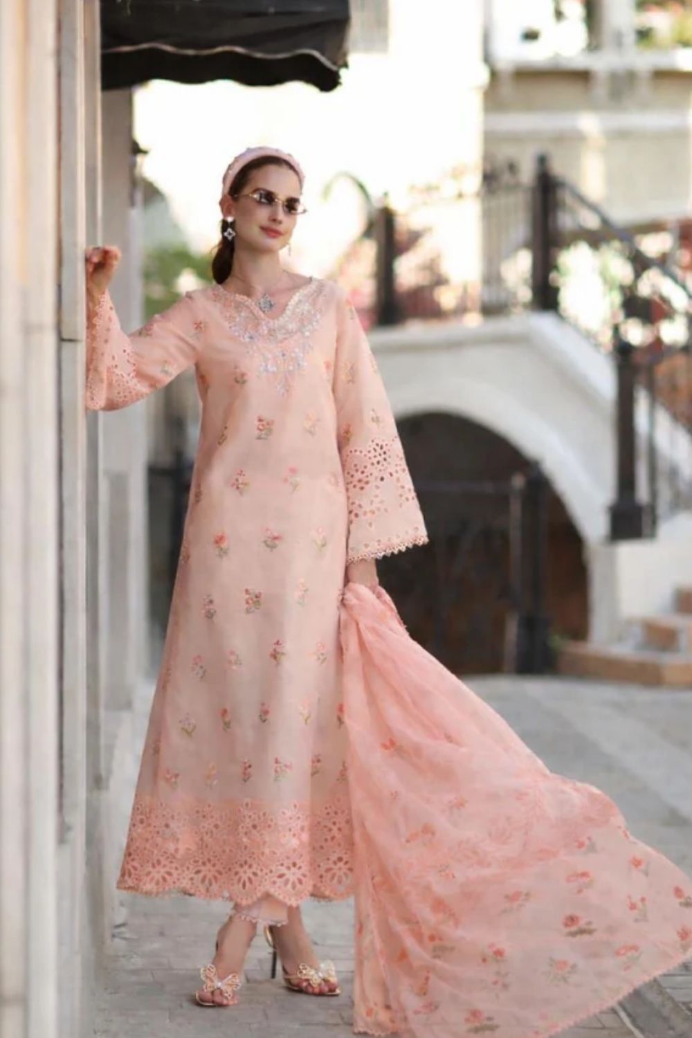 Noor By Saadia Asad Embroidered Lawn Suits Unstitched 3 Piece Luxury Collection D8 - B - Peach Blush