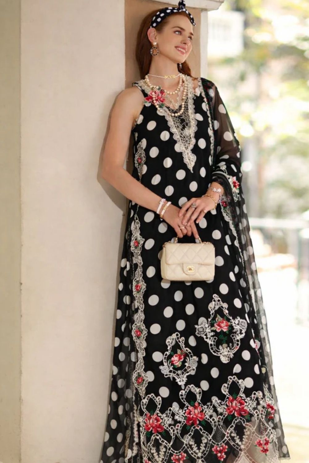 Noor By Saadia Asad Embroidered Lawn Suits Unstitched 3 Piece Luxury Collection D4 - C- Monochrome Polka