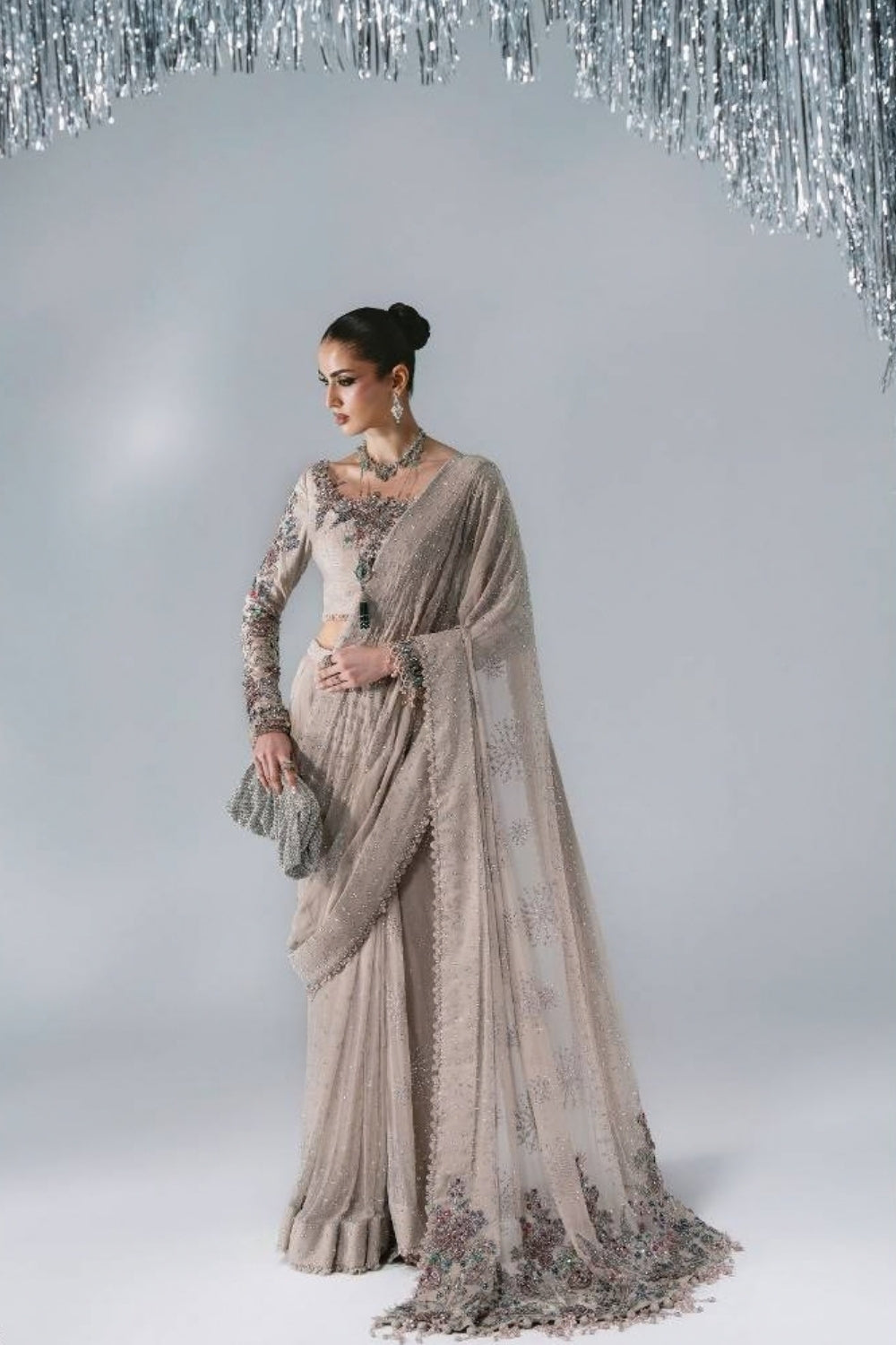 Maria B Mbroidered Unstitched Wedding Edition 3 Piece Unstitched Embroidered Chiffon Saree Moon Grey