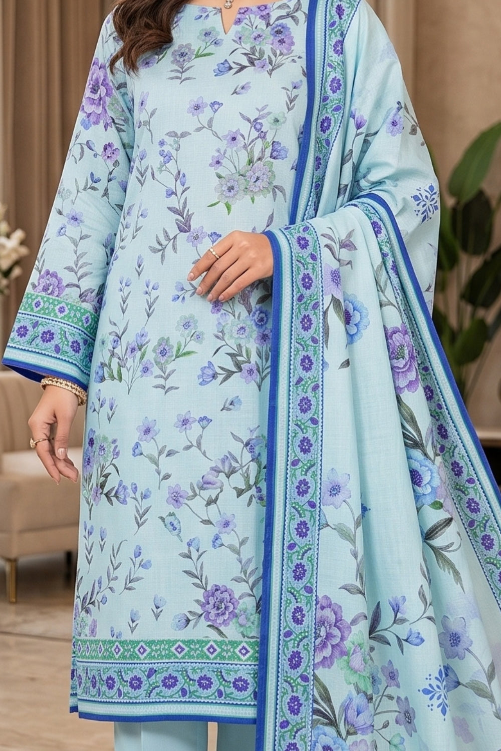 Mushtaq 3Pcs Unstitched Printed Slub Linen Aiza Collection Desgin - 1