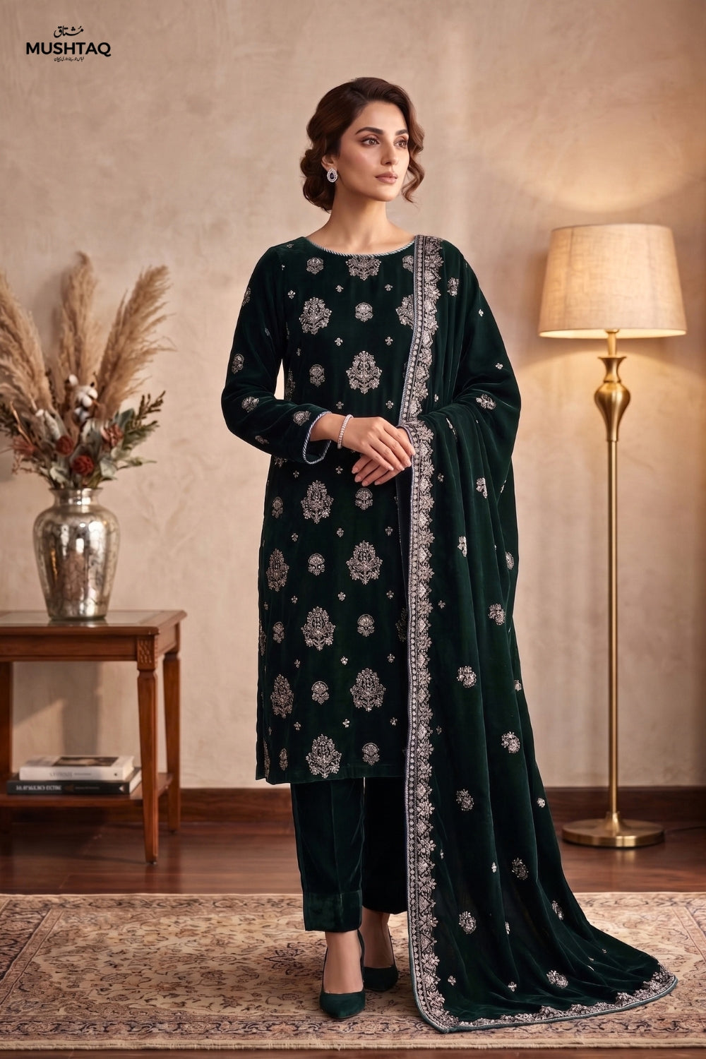 Mushtaq 3Pcs Unstitched Carman Velvet Fancy suit Desgin - 2