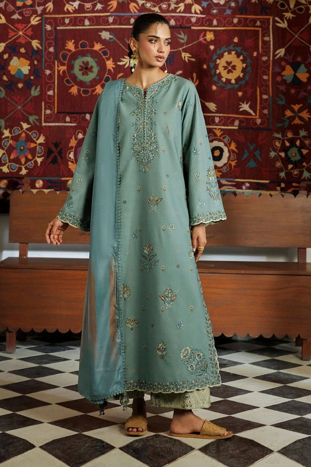 Iznik 3Pc Unstitched Embroidered Printed Viscose Linen Suit IPF-24