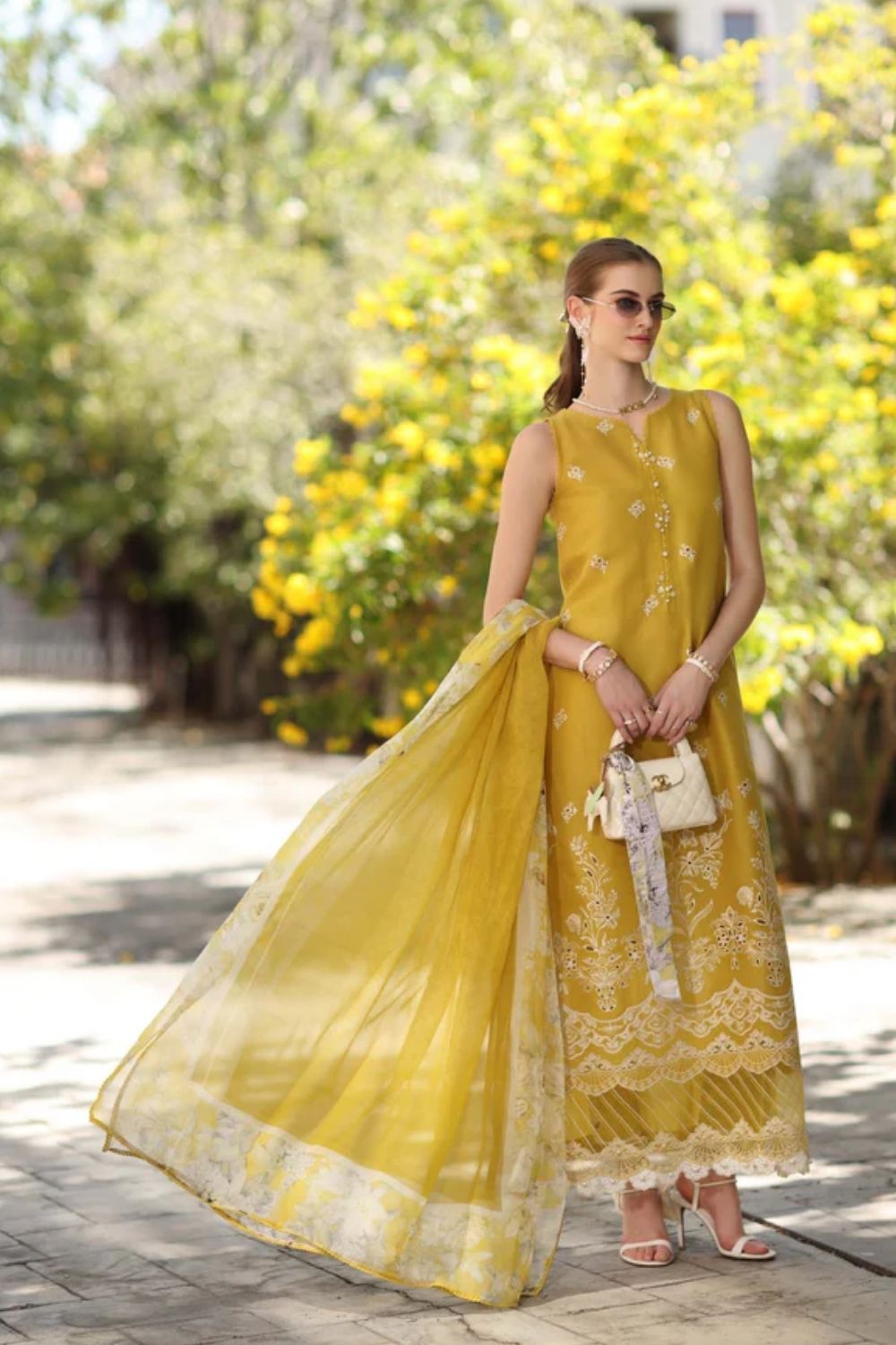 Noor By Saadia Asad Embroidered Lawn Suits Unstitched 3 Piece Luxury Collection D1 - B - Mango Yellow