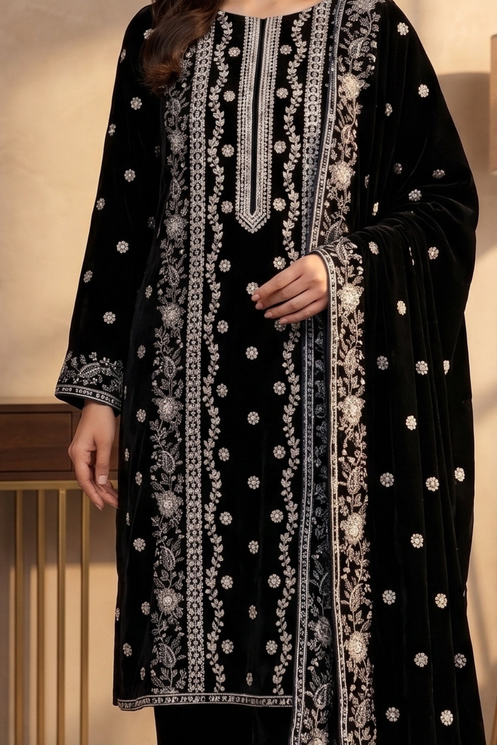 Mushtaq 3Pcs Unstitched Velvet Fancy suit Desgin - 7