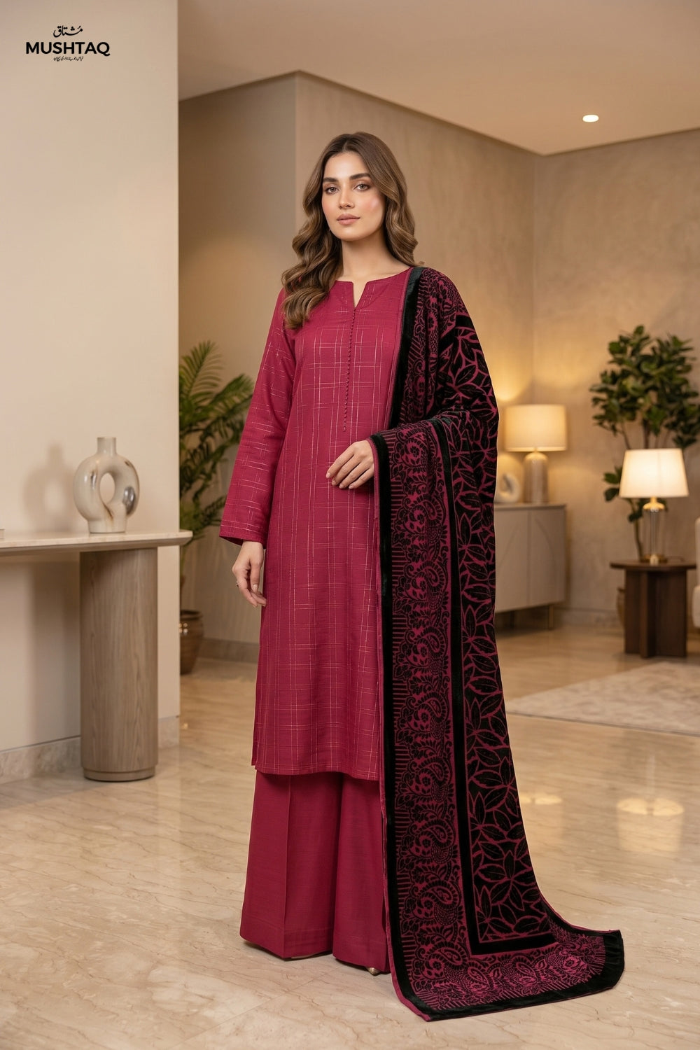 Mushtaq 3Pcs Unstitched Plain Marina with Palachi Dupatta Libaas Collection Desin - 2