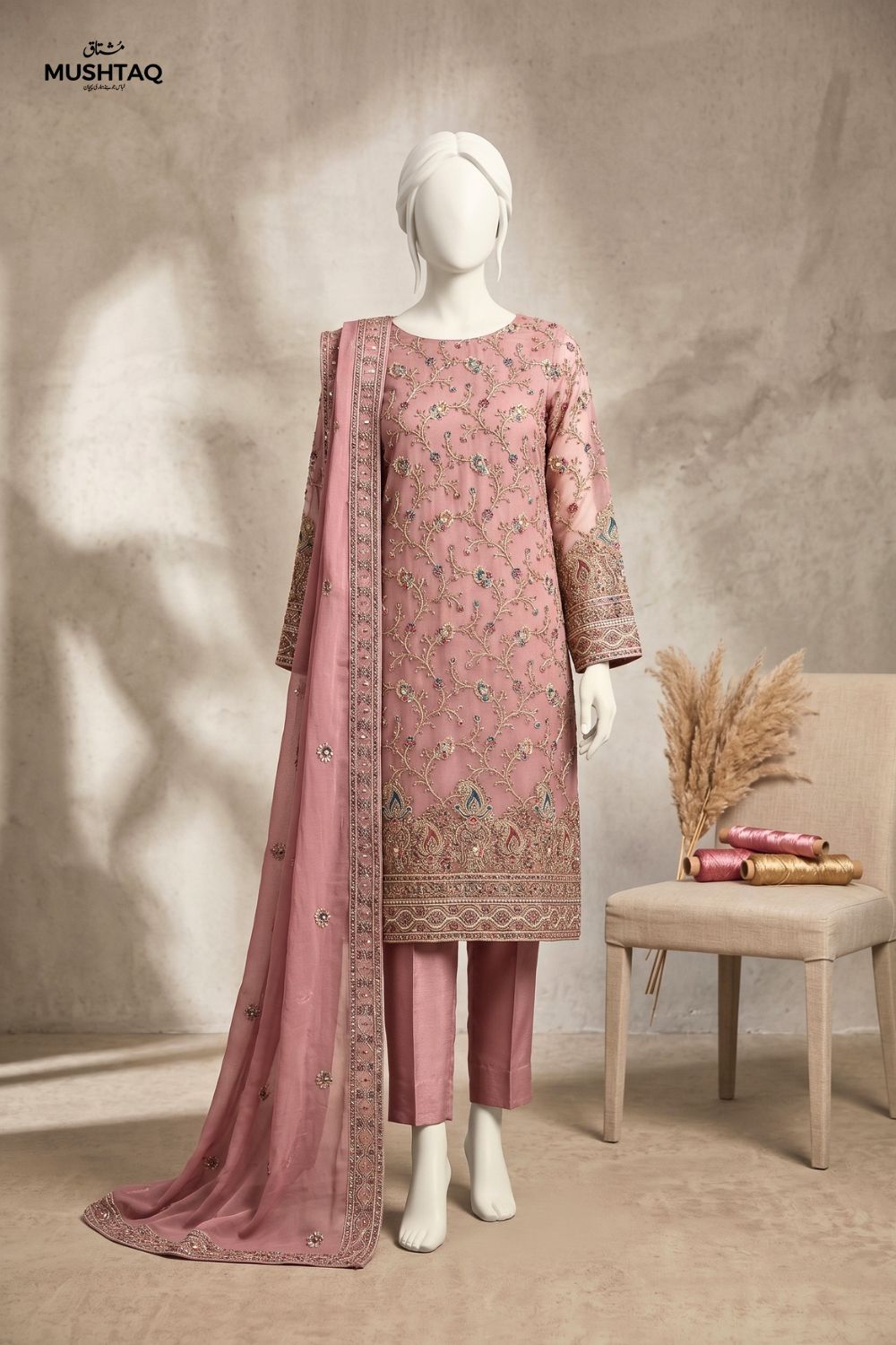 3Pcs Unstitched Embroidered Organza Suit Chiffon Dupatta and jamawar Trouser Desgin - 05
